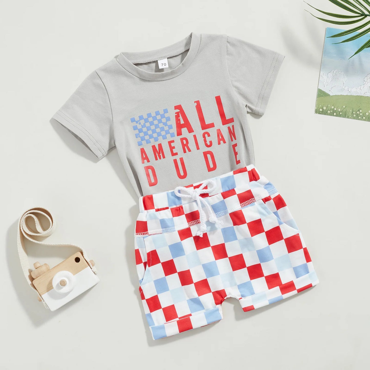 0-3Y American  Baby Girls Boys Clothes Sets Letter Print Short Sleeve T-Shirts and Checkerboard Shorts 2Pcs