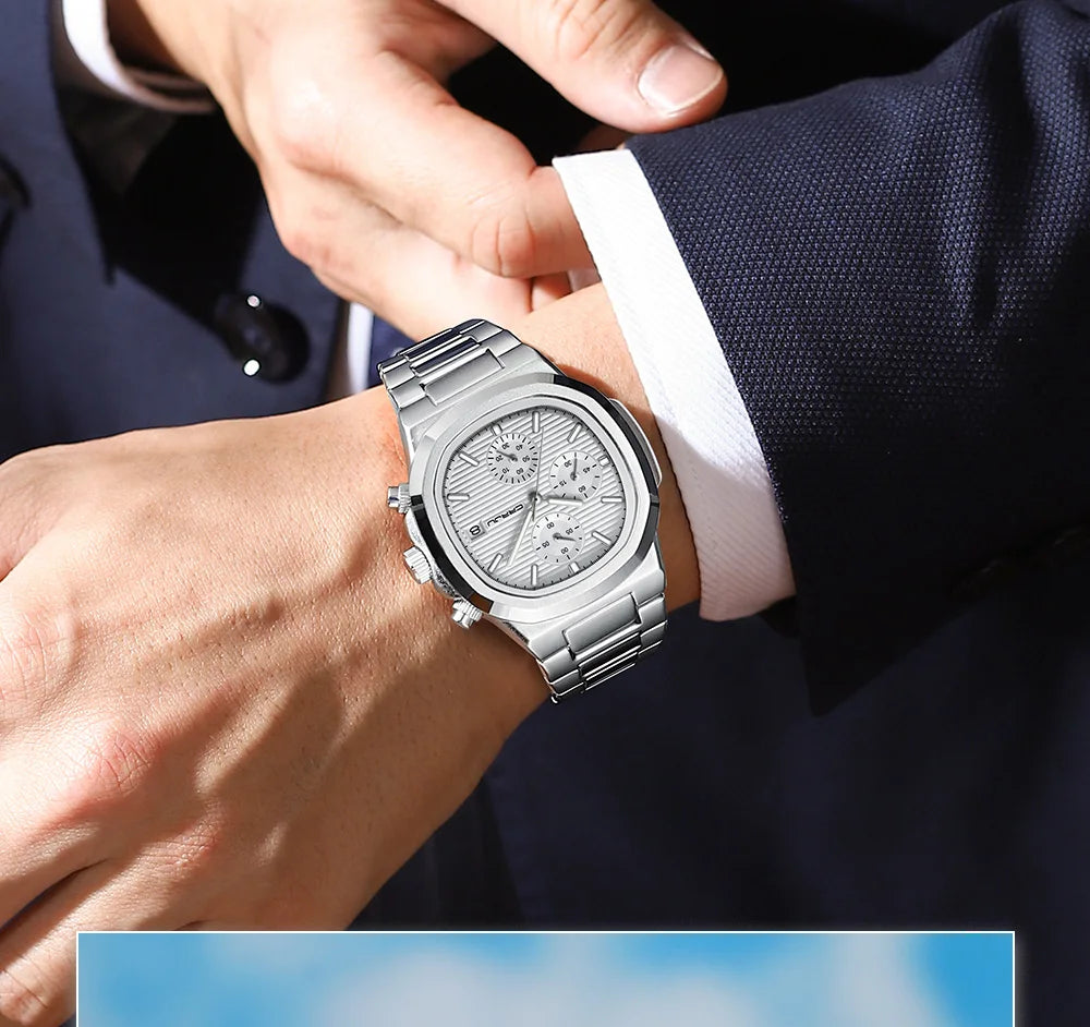 Men's Business Watch - Square Dial Stainless Steel with Luminous Date