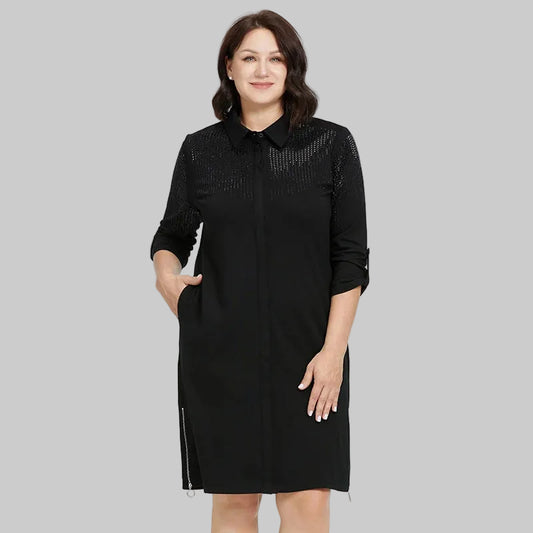 Women's Elegant Shirt Dress with Diamond Detail — Lapel Collar Knee-Length Office Dress