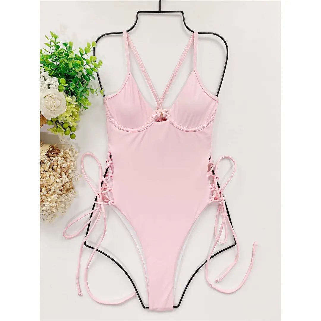 Women's Lace Up Underwired One Piece Swimwear Backless Swimsuit