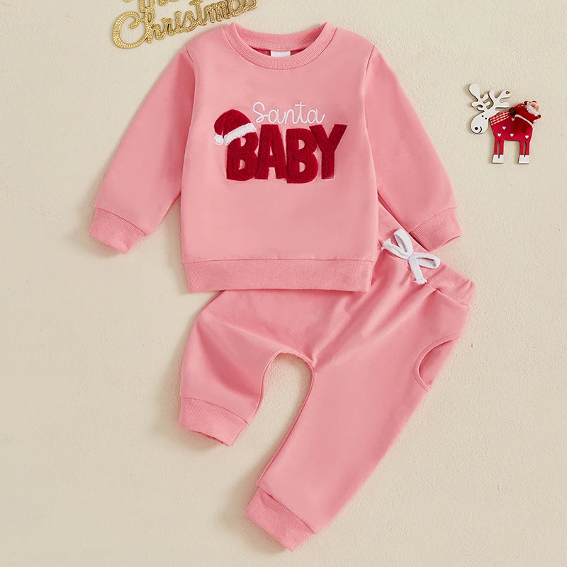 0-24M Baby Boys Girls Christmas Clothes Set Long Sleeve Santa Hat/Snowman Embroidery Sweatshirt Drawstring Pant