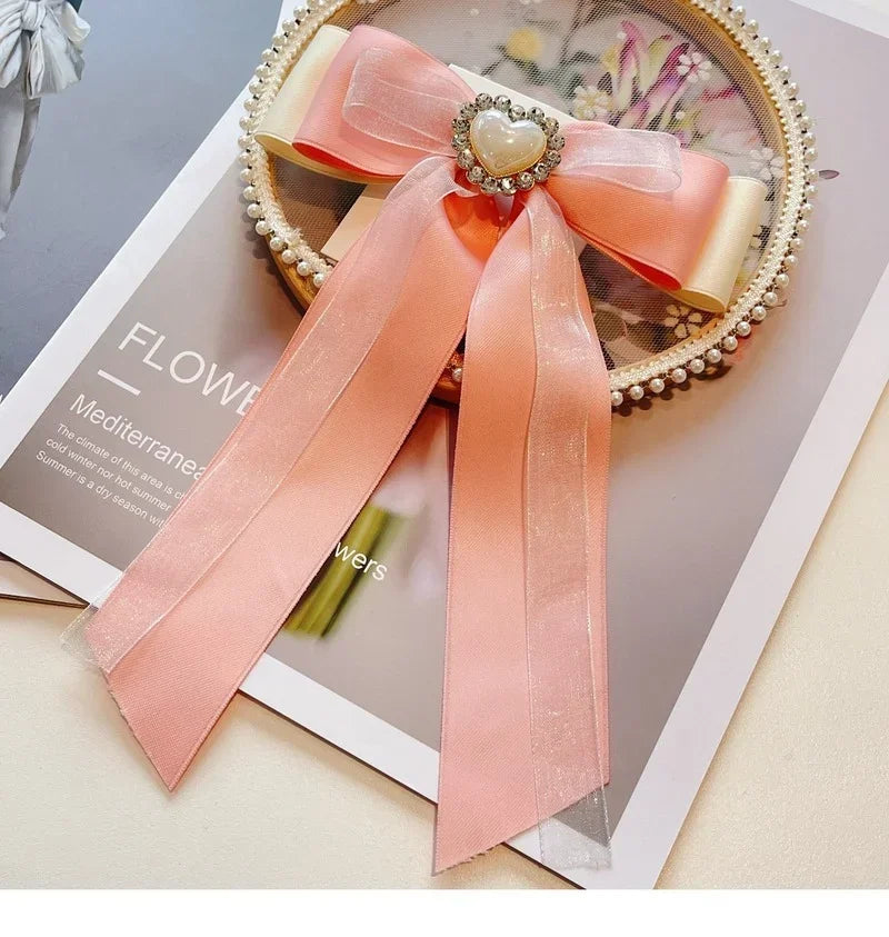 Crystal Pearl Heart Bow Brooch - Elegant Collar Pin Corsage