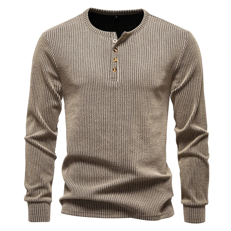 Men's Henry Collar Long Sleeve T-Shirt Solid Striped Smart Casual Pullover