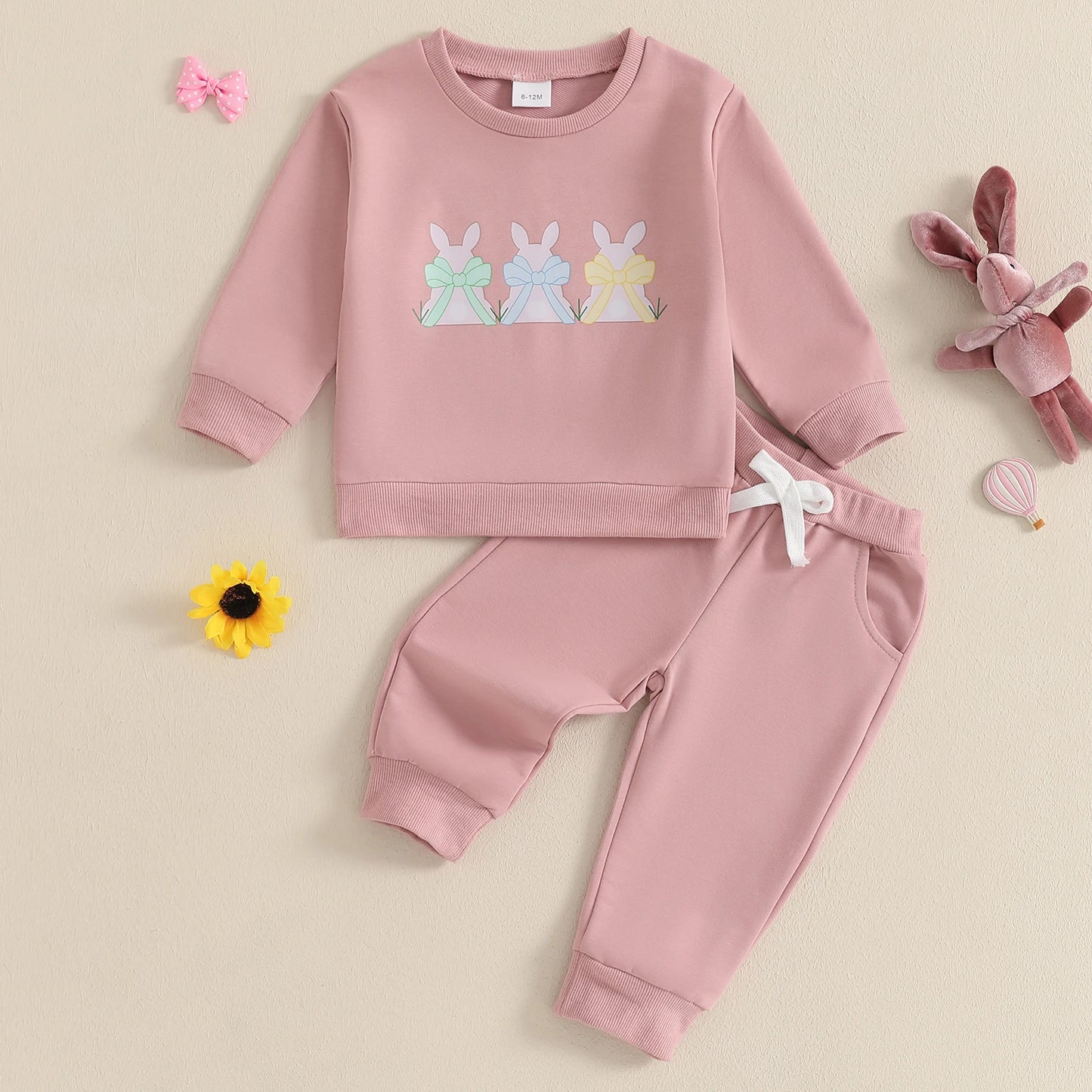 0-3Y  Baby Girls Easter Clothes Sets Rabbit Bow Print Long Sleeve Crew Neck Sweatshirt with Elastic Waist Pants