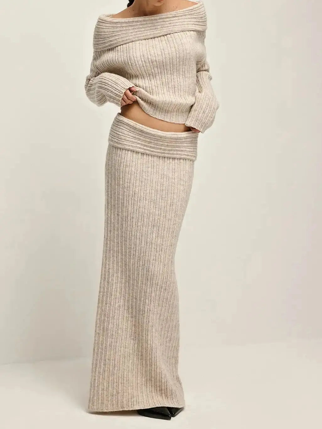 Women's Off Shoulder Warm Sweater Co-ords Maxi Skirt Set - A Line Long Skirt Long Sleeve Bandage Top Dress