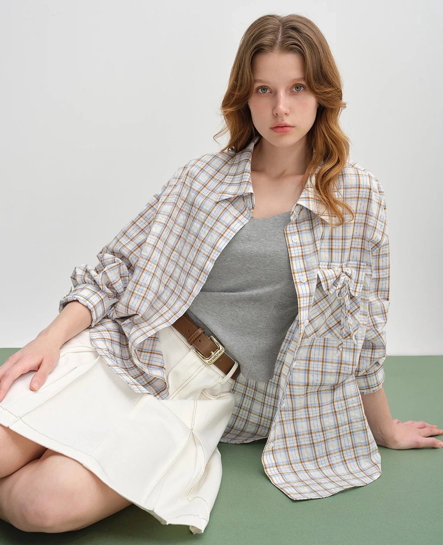 Plus Size Plaid Collar Shirt - Drawstring Pocketed Casual Top