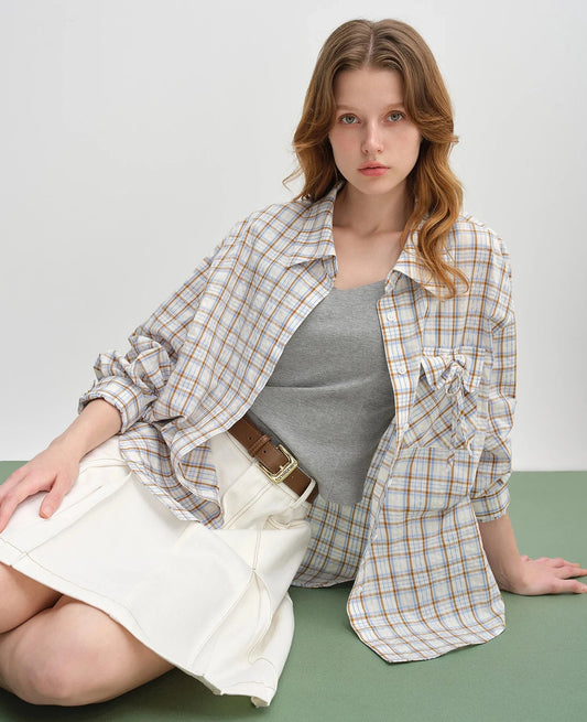 Plus Size Plaid Collar Shirt - Drawstring Pocketed Casual Top