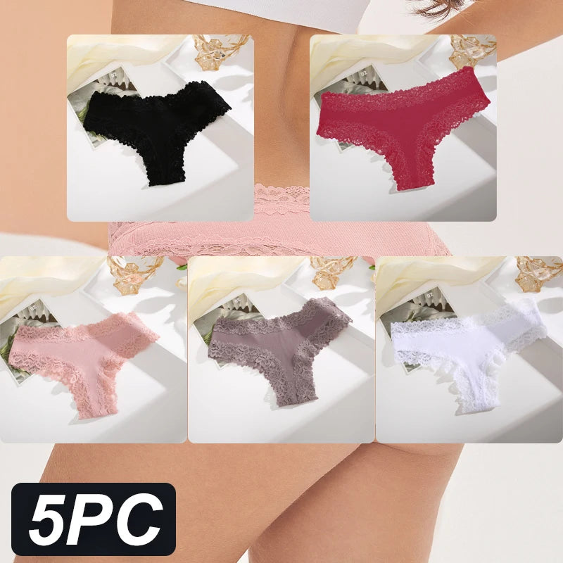 5PCS Women Cotton Lace Underwear Low Waist Briefs Breathable G-String Lingerie