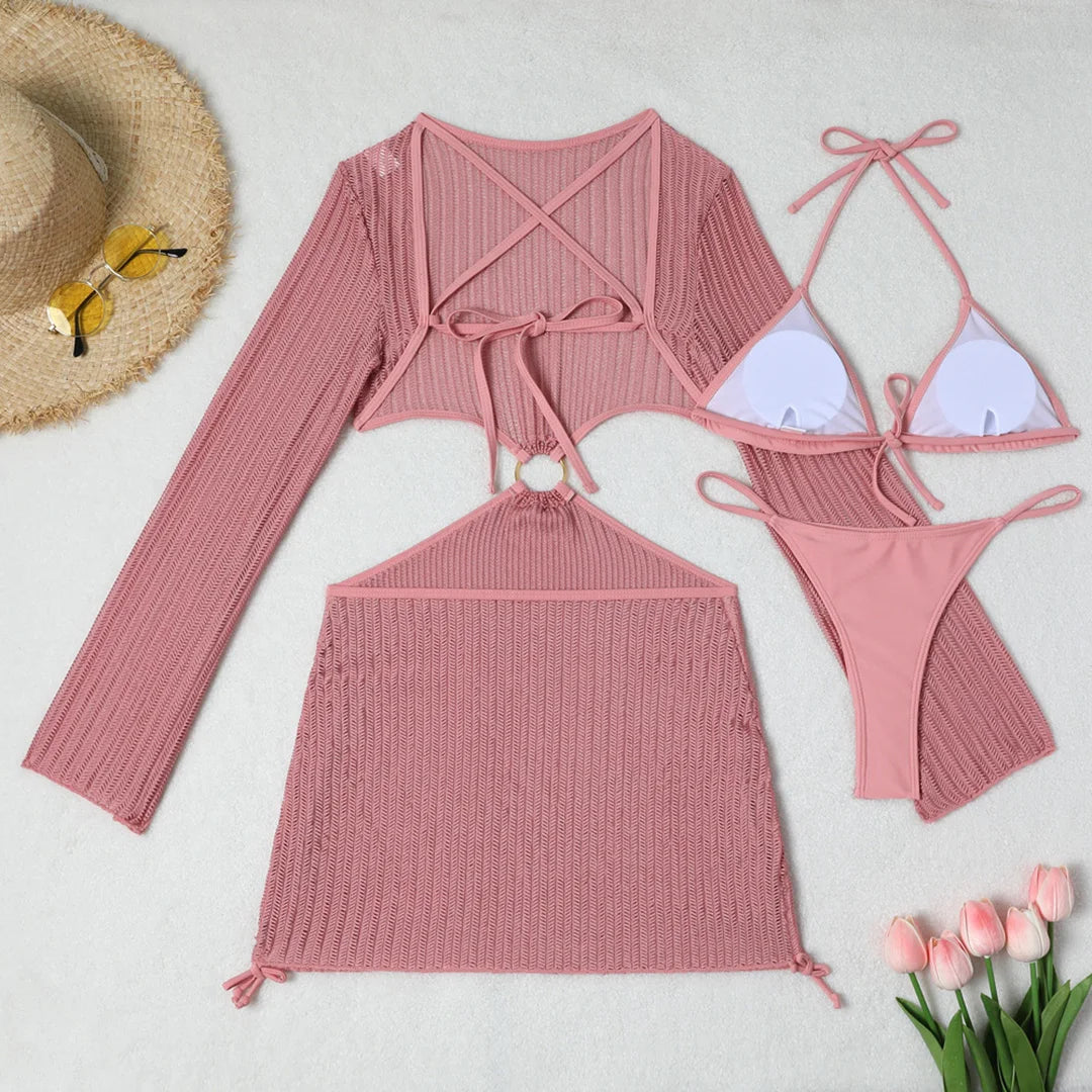 Women's Halter Bikini Set with Long Sleeve Cover-Up | Three-Piece Wire-Free Padded Swimwear