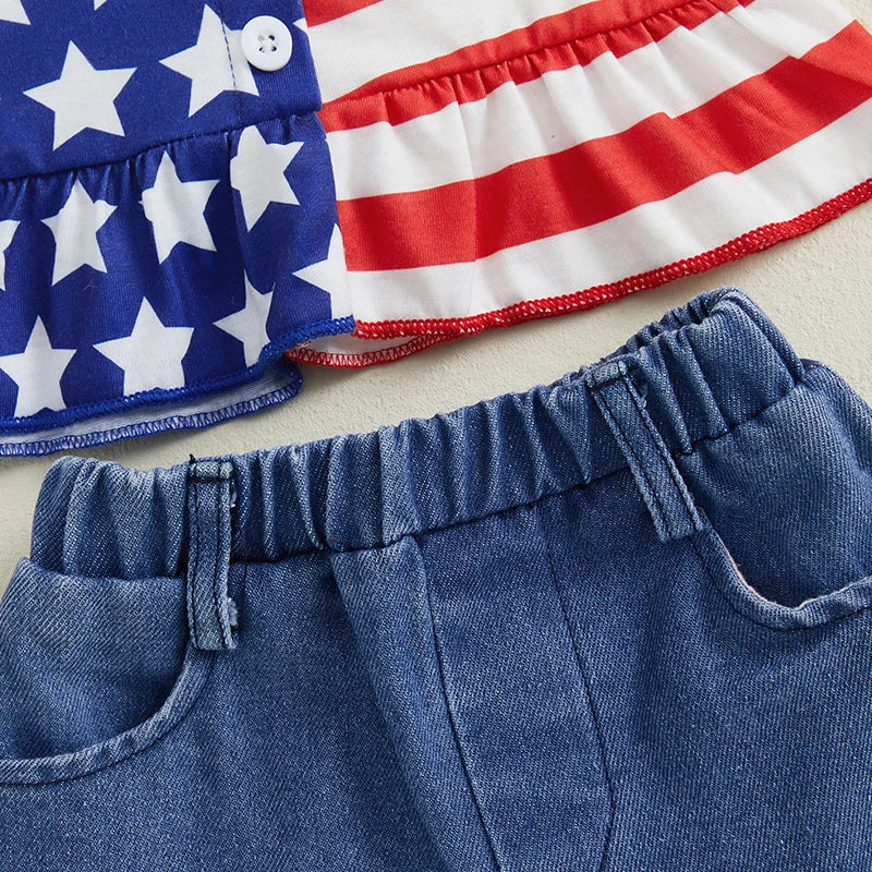 0-4Y Kids Girls American Flag Clothes Sets Star Stripe Print Camisole and Elastic Raw Denim Shorts