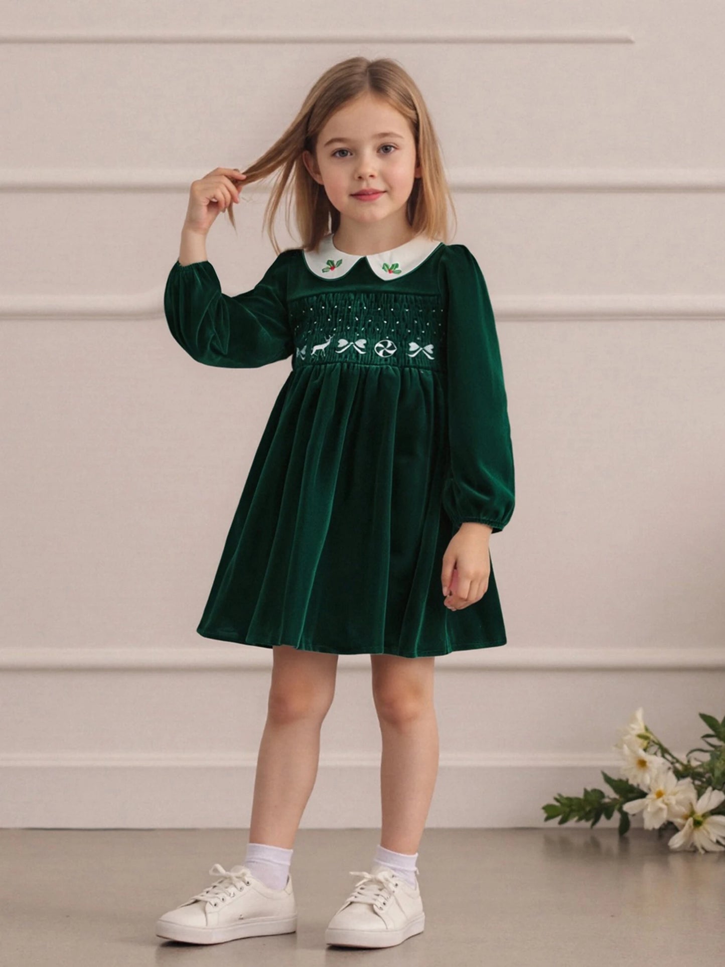 Little Girl's Velvet Christmas Dress - Deer Bow Holly Embroidered Smocked A-Line