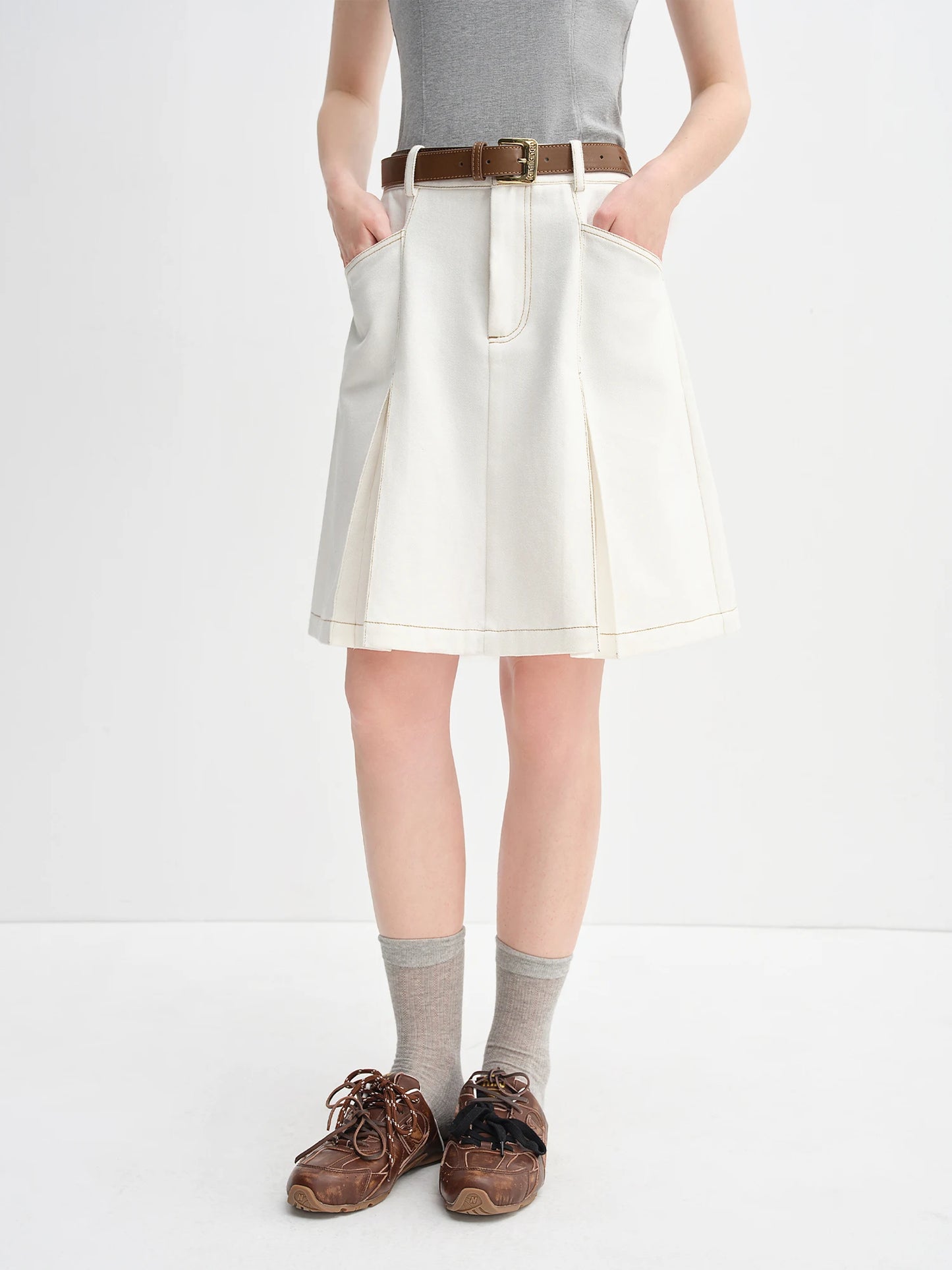 High Waist A-Line Denim Skirt - Contrast Colour Retro Style