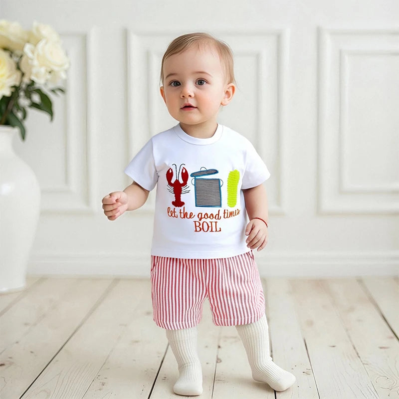 0-7Y Casual Kids Boys Summer Clothes Sets 2pcs Short Sleeve O Neck Lobster Letter Print T Shirts and Striped Shorts