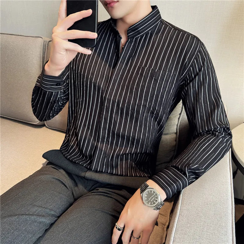 Men's Striped Stand Collar Long Sleeve Single Breasted Shirt