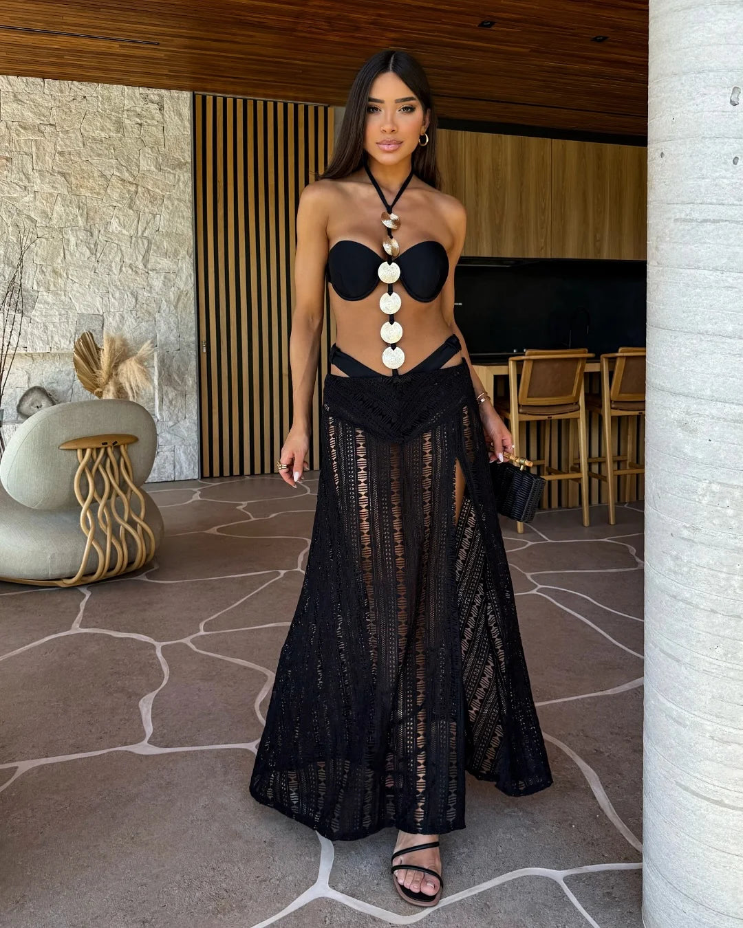 Women's 3-Piece High Leg Bandage Swimwear Set with Slit Skirt - Tie-Neck Halter