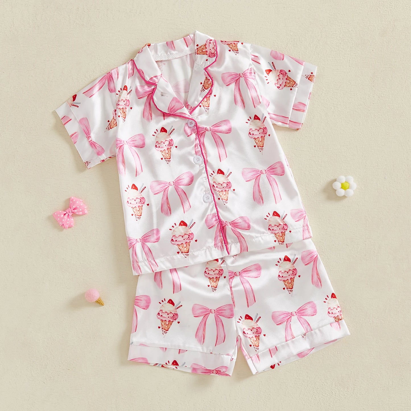 0-4Y Summer  Kids Girls Summer Pyjamas Clothes Sets 2pcs Flower Bow Print Single Breasted Shirts and Shorts