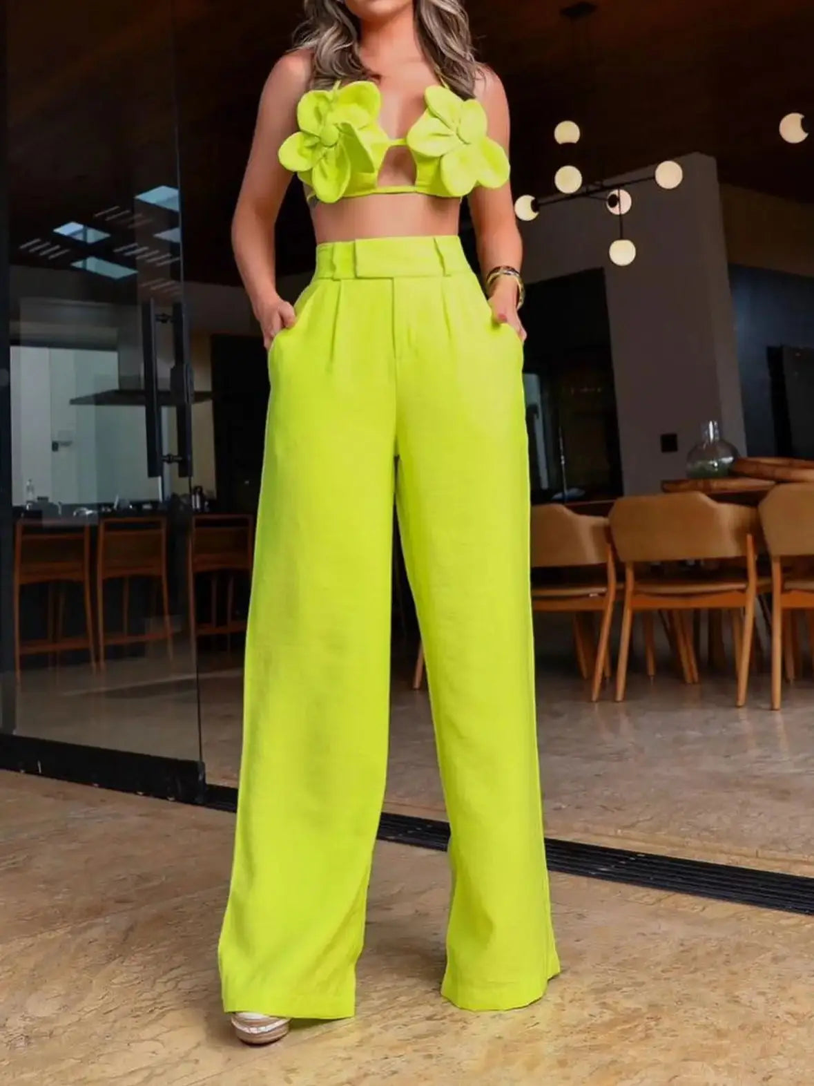 Women's Two Piece Set - Sleeveless Short Top and Wide Leg Pants Set