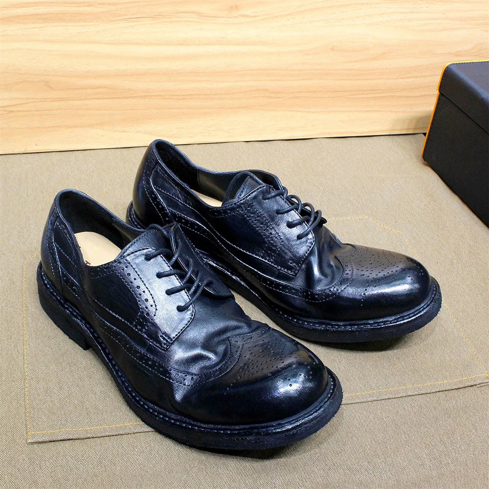 Handmade Stitched Derby Dress Shoes - Soft Calfskin Leather Wingtip Brogue
