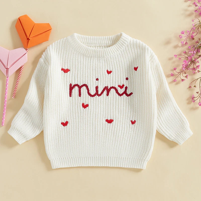 Mommy & Me Letter Heart Embroidery Matching Sweaters - Long Sleeve Round Neck Tops
