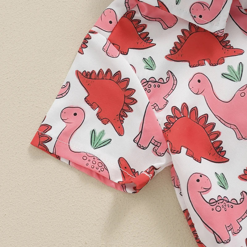 0-3Y Toddler Baby Boys Summer Clothes Sets 2pcs - Short Sleeve Dinosaur Print Button Up Top and Shorts Set