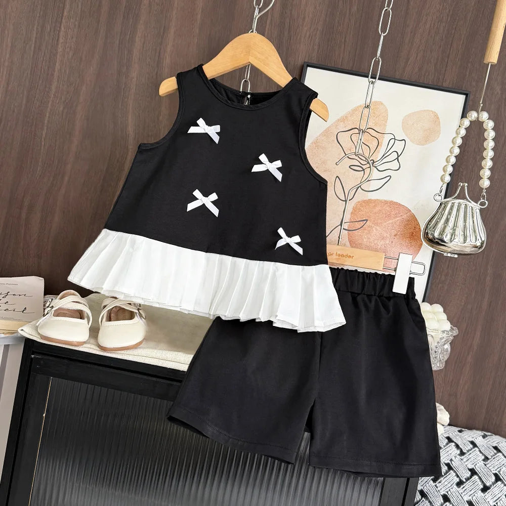 Girl's 3D Bow Round Neck Sleeveless Top and Short 2-Pcs Set