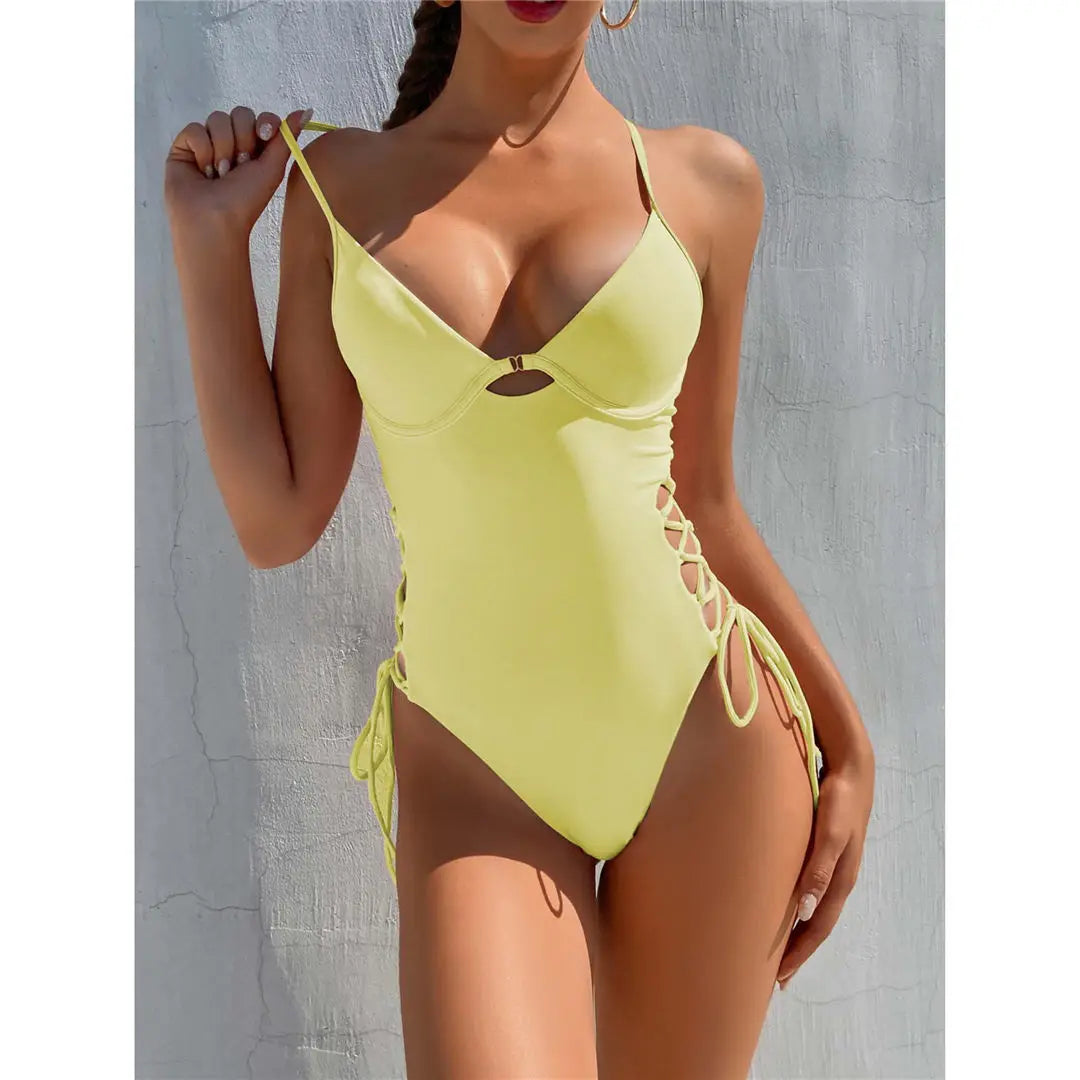 Women's Lace Up Underwired One Piece Swimwear Backless Swimsuit