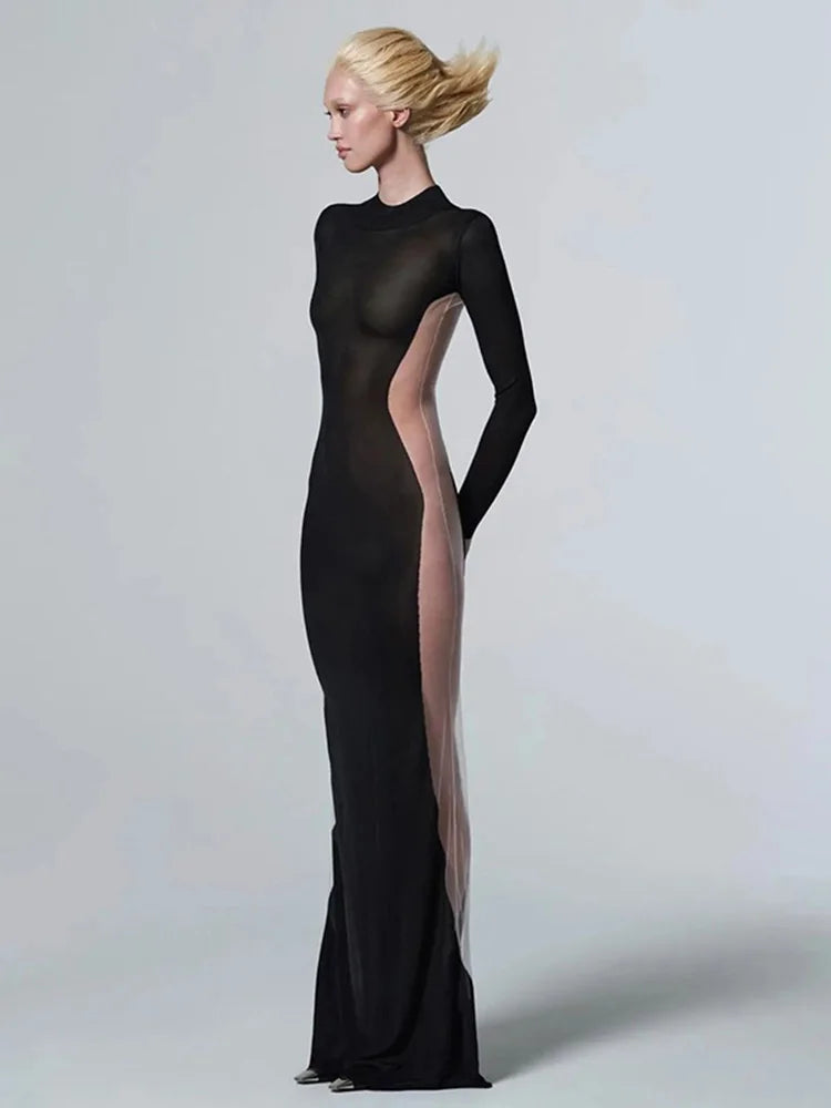 Women's See Through Mesh Splice Maxi High Waist Tight Elastic Long Sleeve Floor-Length Dress