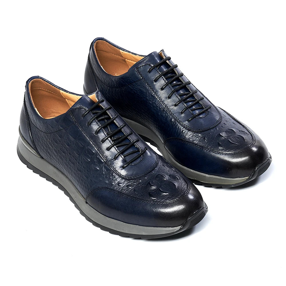 Men's Genuine Leather Crocodile Pattern Oxford Sneakers – Lace-Up Casual Flat Shoes