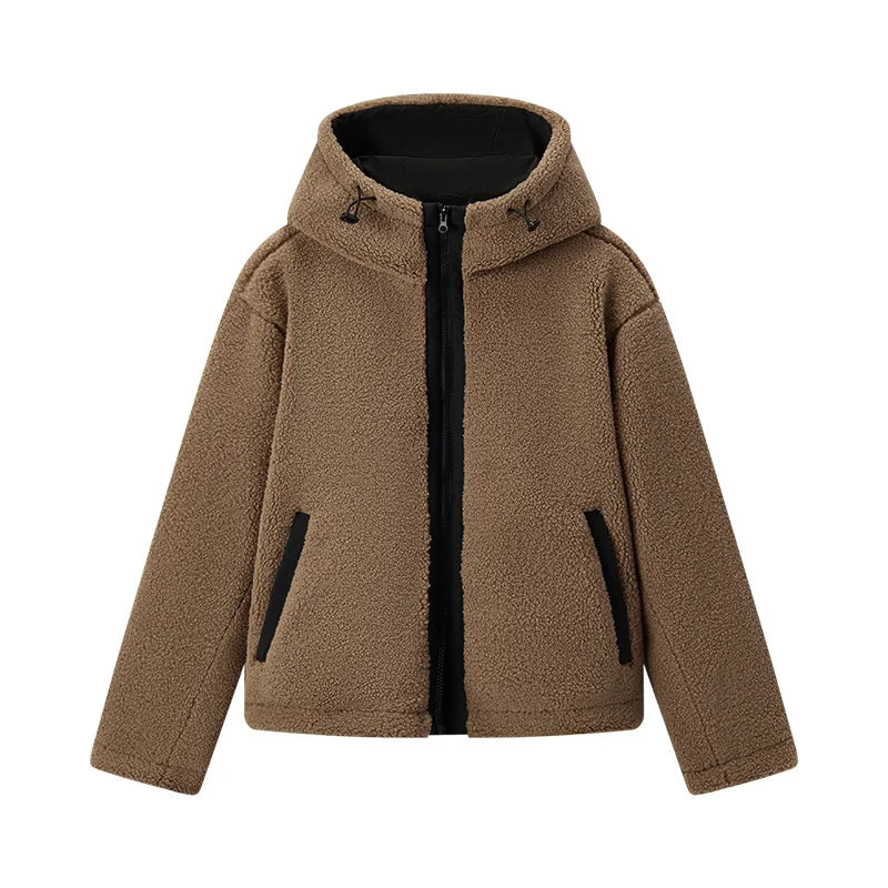 Women's Anti-Static Faux Sherpa Hooded Jacket - Loose Fit Color Block Winter Coat