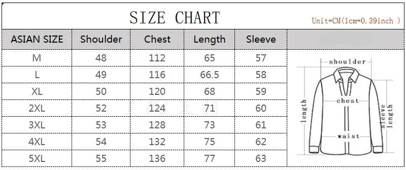 Size chart for shirts with Asian size measurements