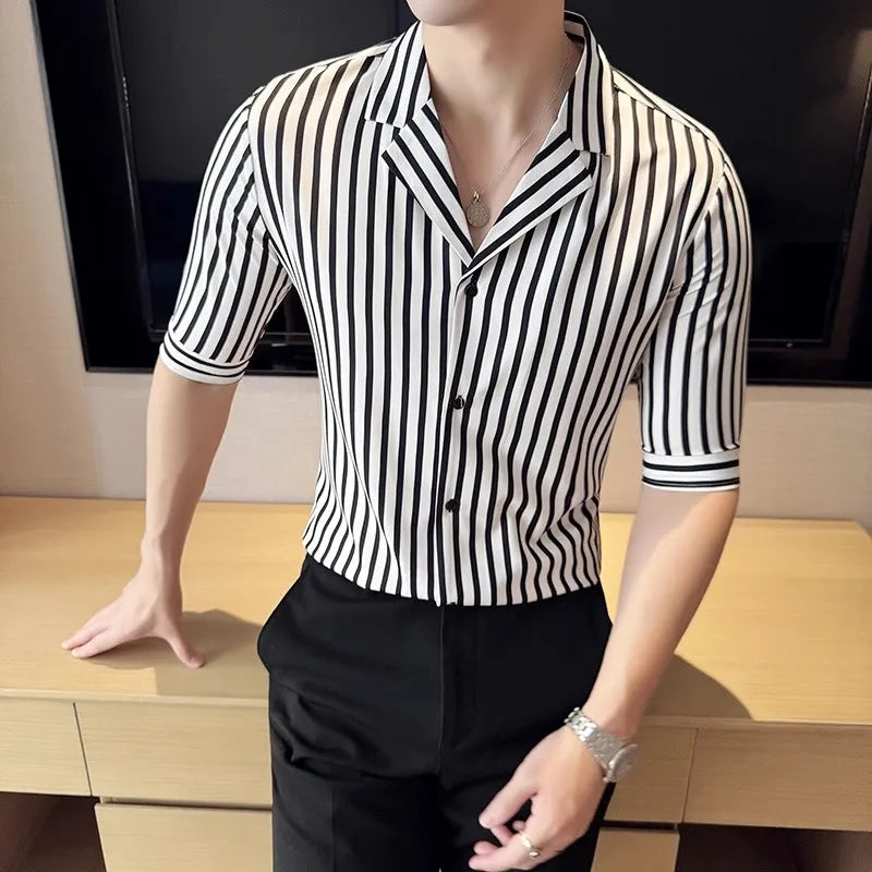 Men's Summer Half Sleeve Casual Slim Fit Striped Turn Down Collar Shirt