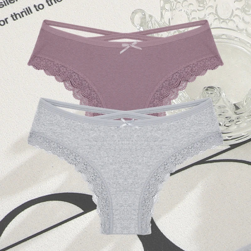 Women's Cotton Panties - 2 Pack Lace Brazilian Briefs Low-Waist