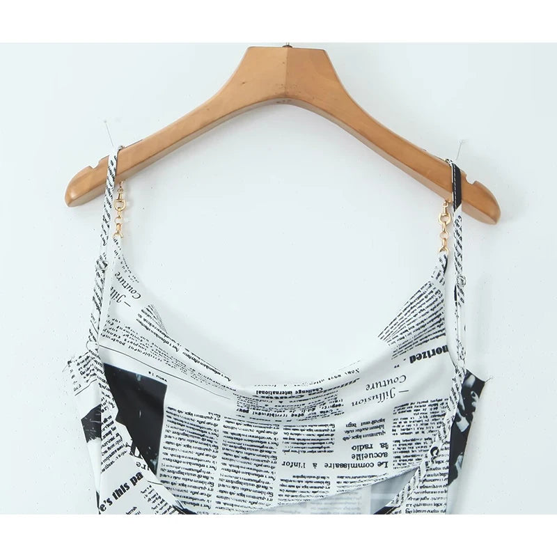 Newspaper Print Sling Dress - Backless Chain Strap Dress