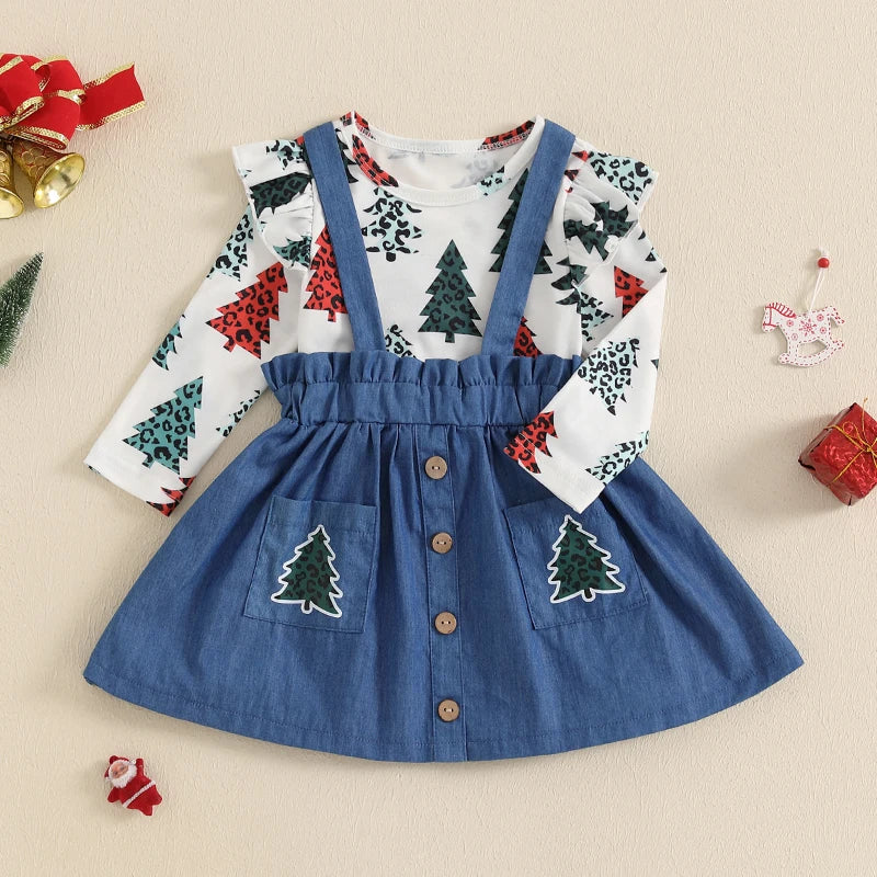 0-4Y Girls Christmas Clothes Set - Xmas Tree Print Crew Neck Long Sleeve T-Shirt and Suspender Skirt