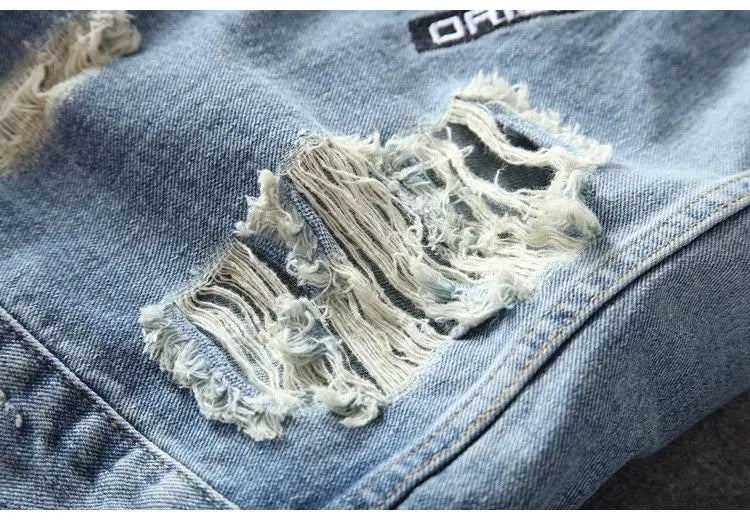 Men's Embroidered Denim Jacket - Retro Ripped Street Style