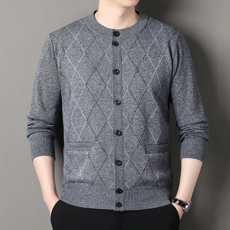 Autumn Winter O-Neck Argyle Cardigan - Smart Casual Fleece Sweater Coat