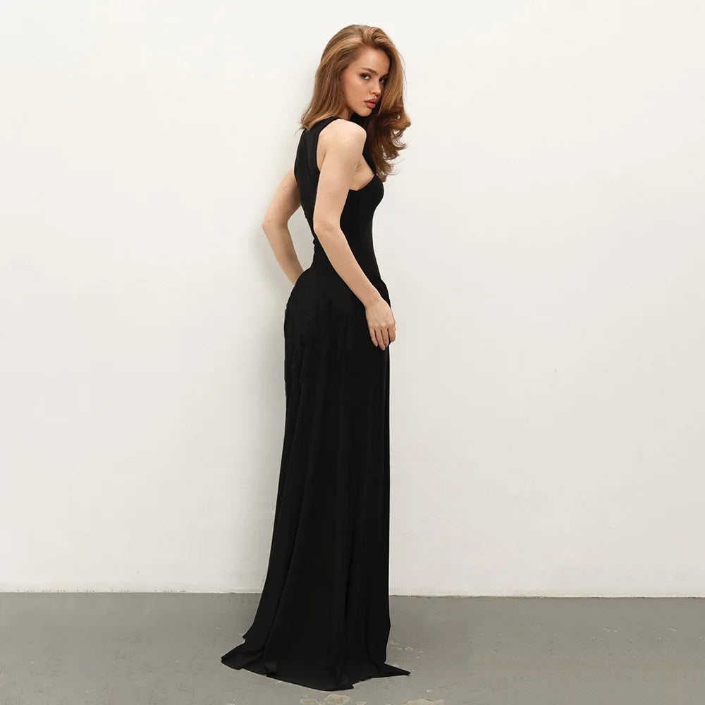 Women's Ruched Split Maxi Dress - Elegant Sleeveless Evening Gown
