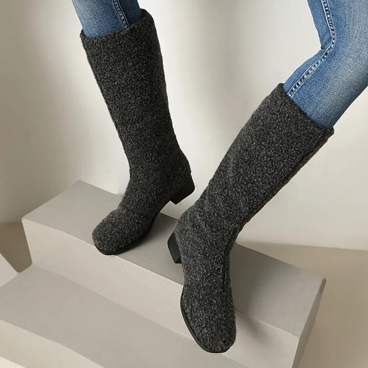 Women's Artificial Wool Winter Knee High Boots with Short Plush Lining