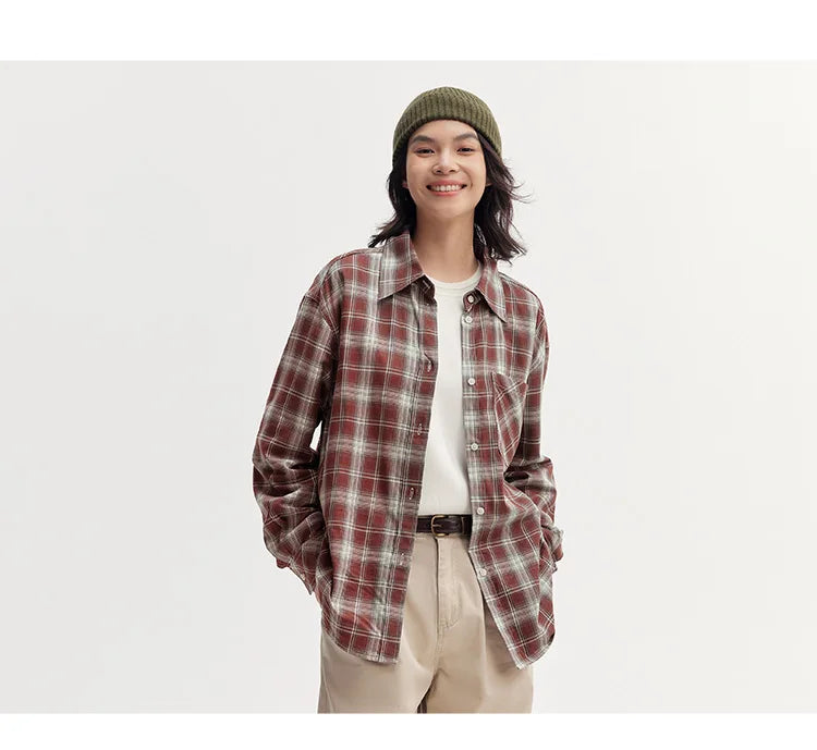 Oversized Drop Shoulder Plaid Shirt Loose Retro Casual Stylish Top