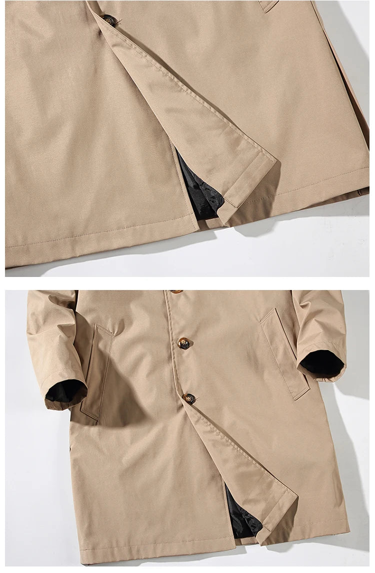 Men's Windbreaker Medium Length Turn Down Collar Trench Coat