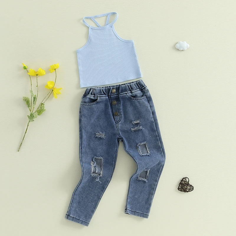 1-6Y Kids Girls Summer Clothes Sets Ribbed Halter Tank Tops and Elastic Ripped Denim Pants