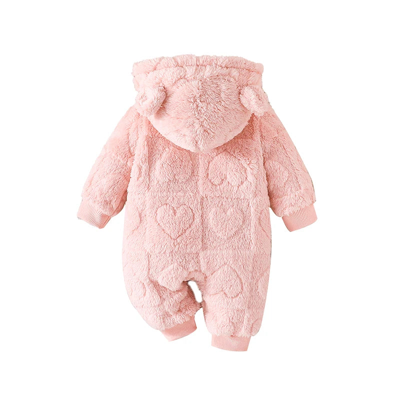 Baby Girls Boys Warm Romper 0-18M Solid Plush Hooded Long Sleeve Jumpsuits