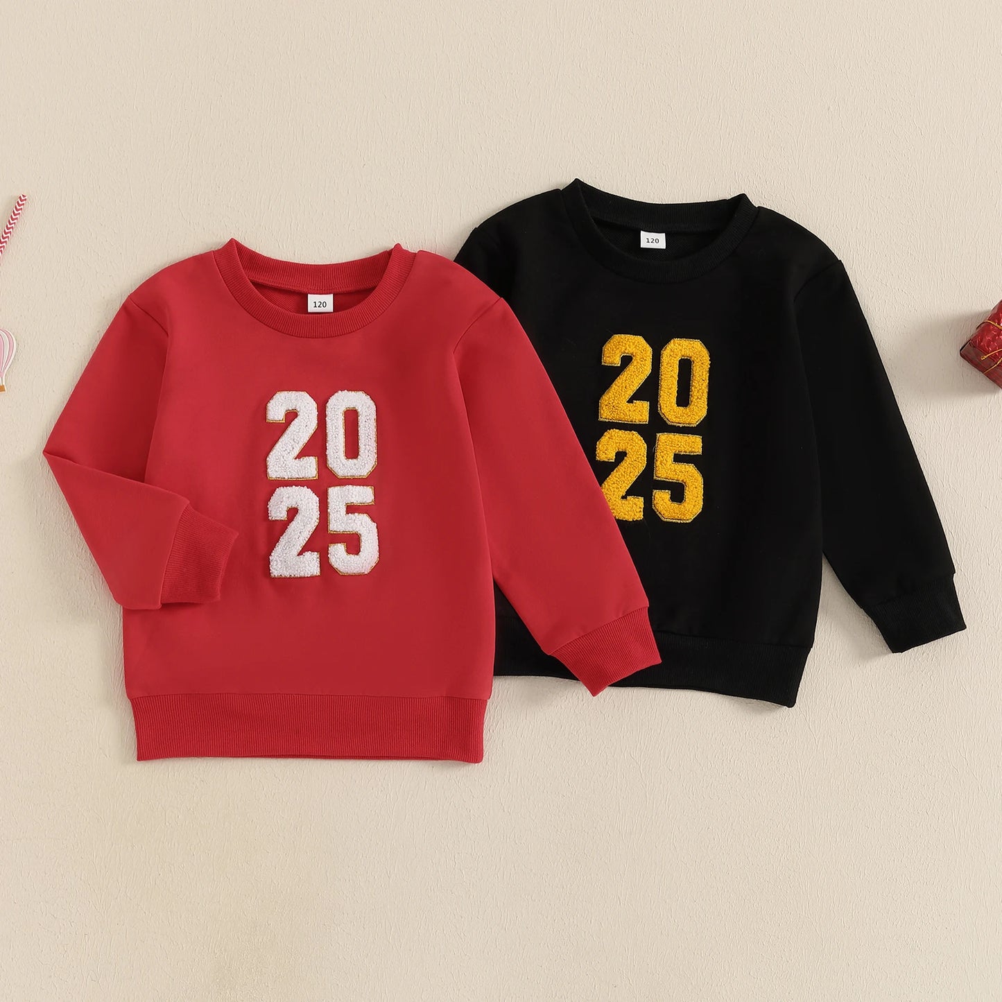 1-6Y Toddler Kids Boys Girls New Year Sweatshirt - Long Sleeve Crew Neck Letter Embroidery Pullover Top