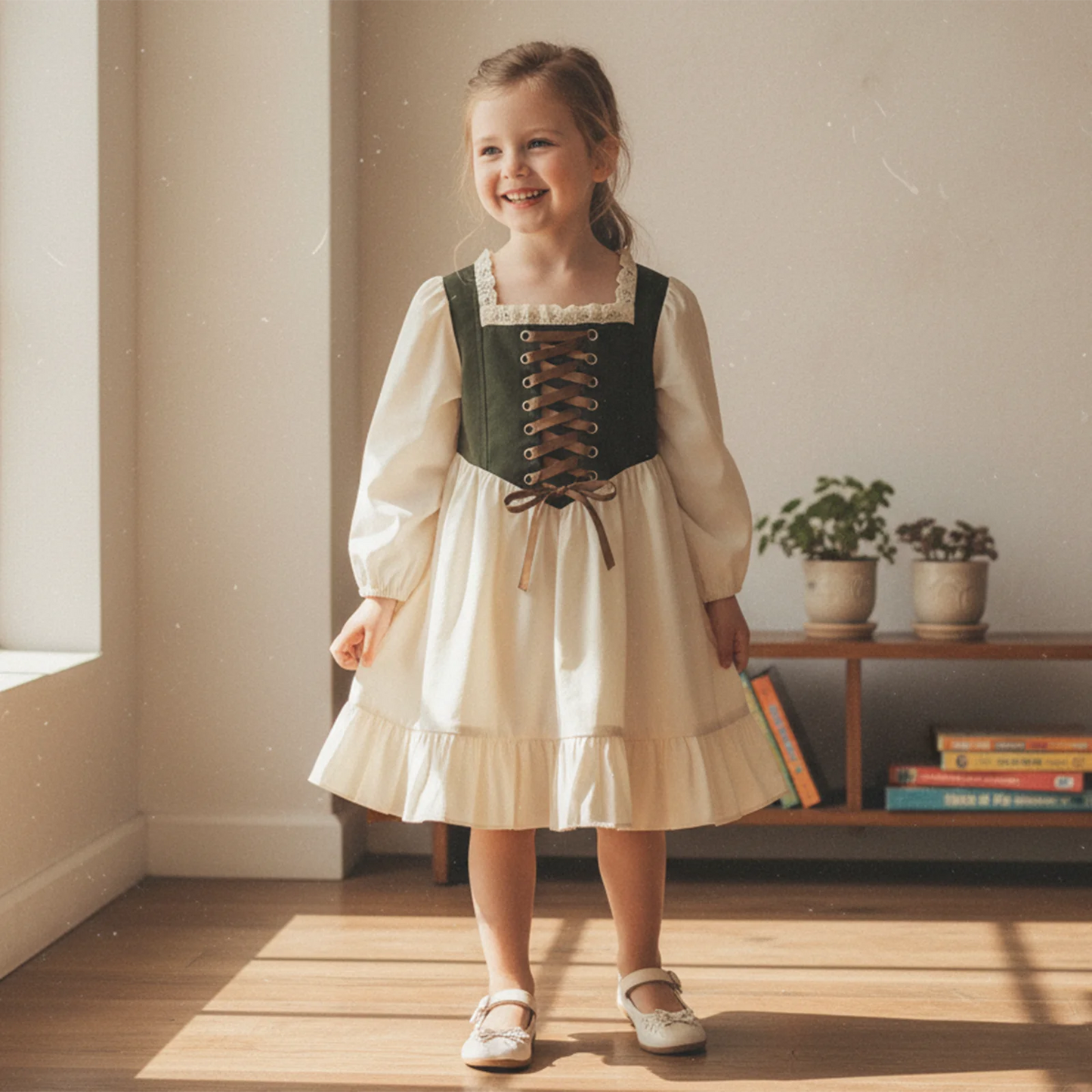 Girls Holiday Dress - Lace Trim Square Neck Ruffle Dress with Long Sleeves