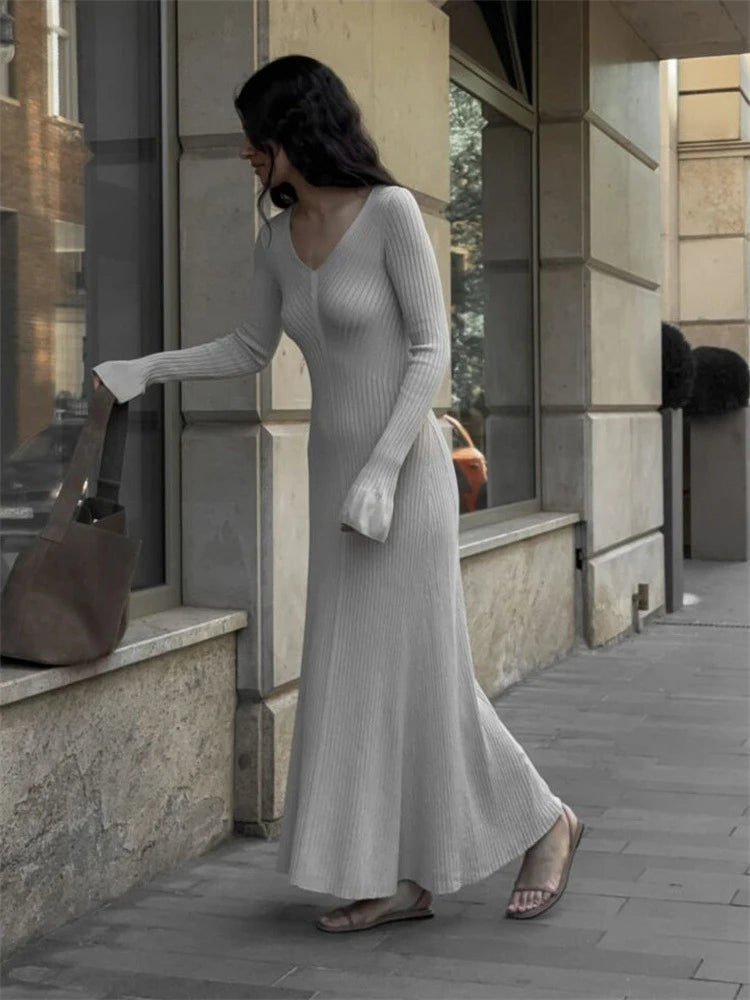 Women's Ribbed Knitted Maxi Dress Outfits Basic Casual Vintage Long Sleeve V Neck Dresses Clothes