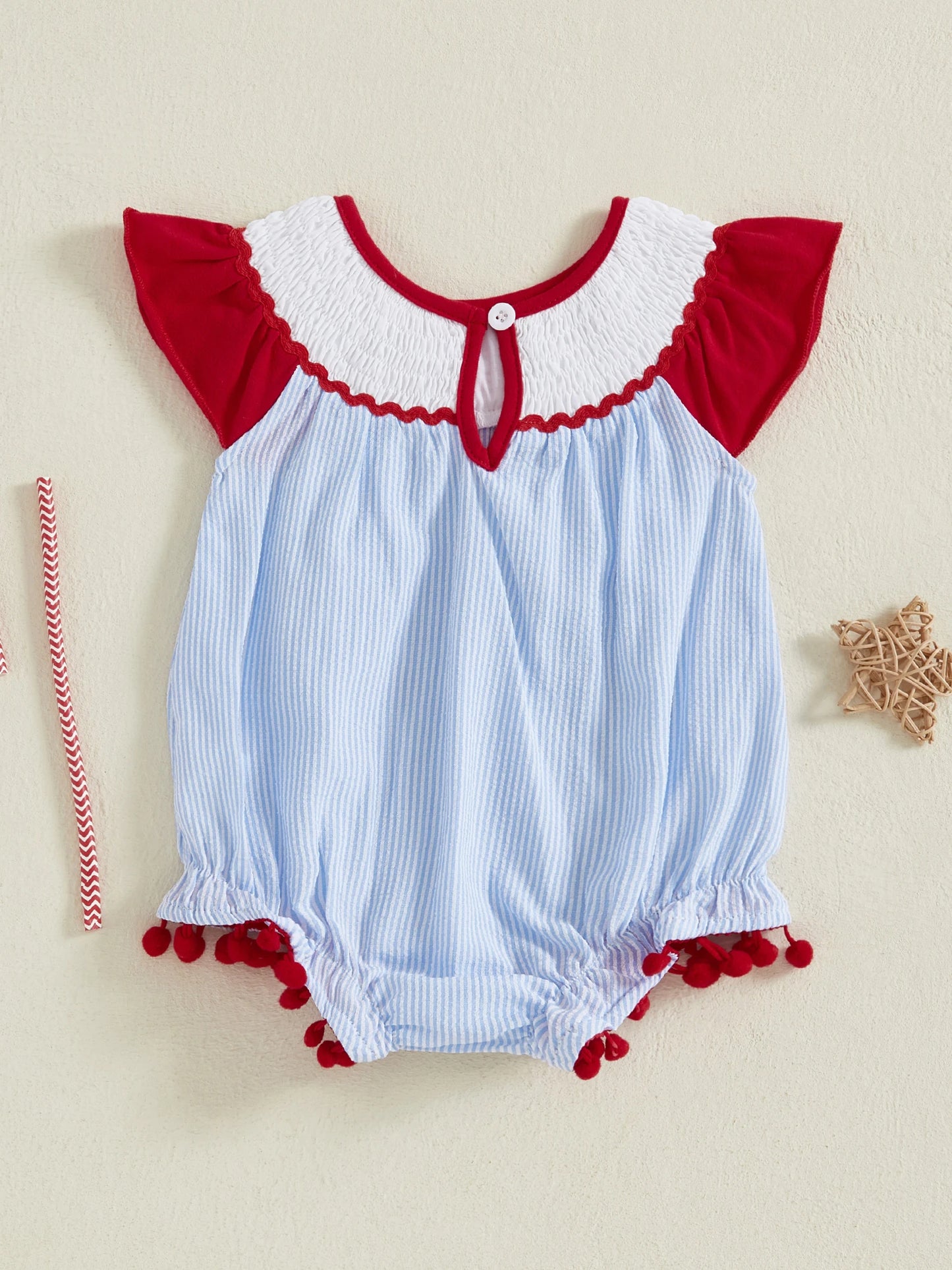 Baby Girls Summer Romper - Ruffles Tassel Flutter Sleeve Striped Flag Embroidery (0-18M)