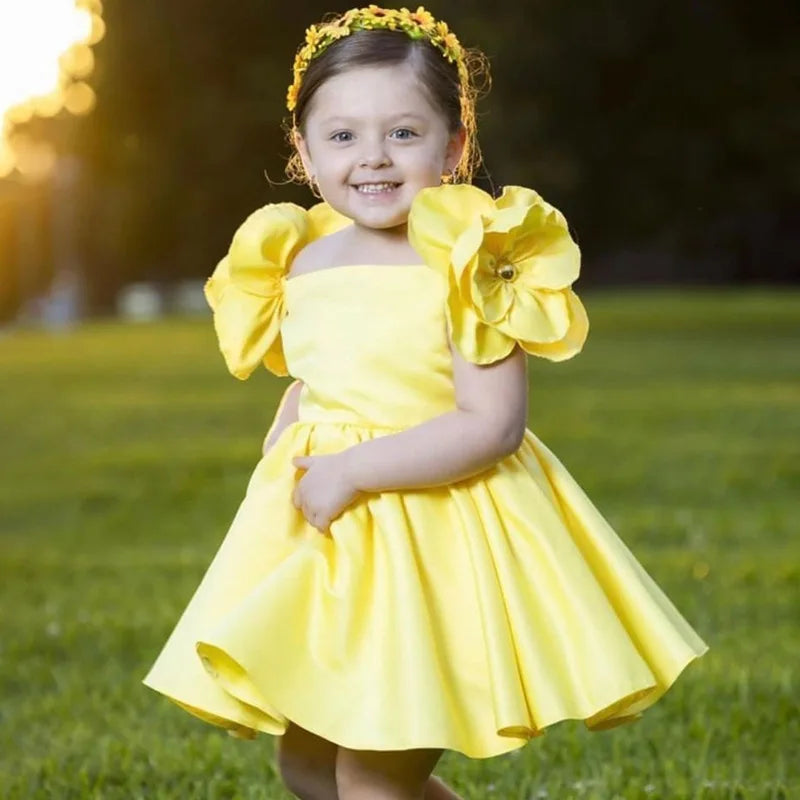 Girls Yellow Floral Princess Ball Gown – Summer Party Dress