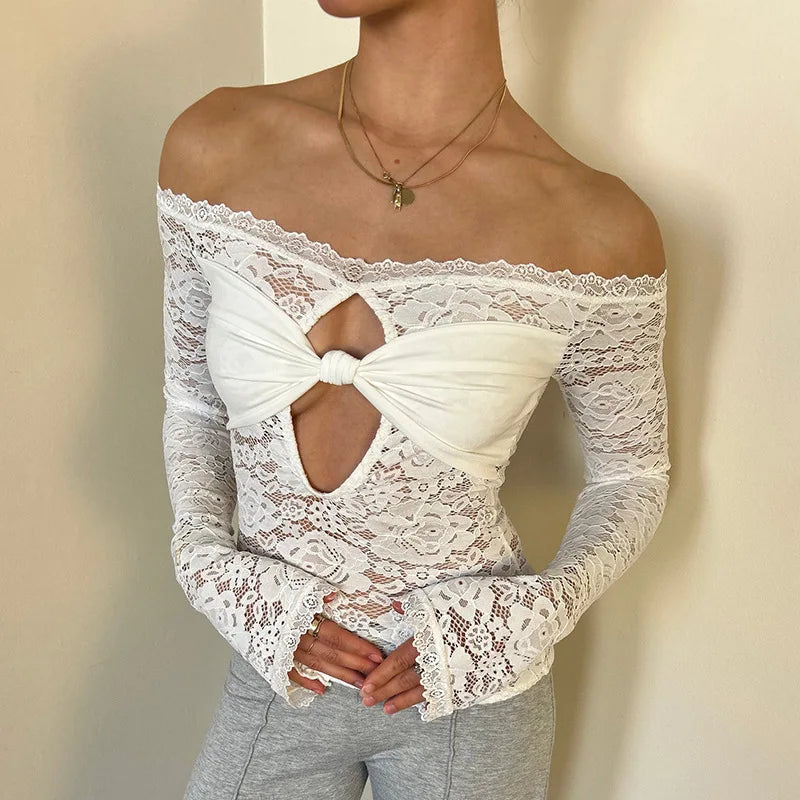 Women's Cut Out Lace Long Sleeve Top - Off Shoulder White Twist Front