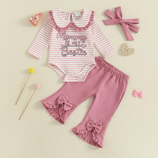 Baby Girls Striped Outfit Set - 3-Piece Long Sleeve Doll Collar Jumpsuit, Flared Pants & Headband (0-18M)