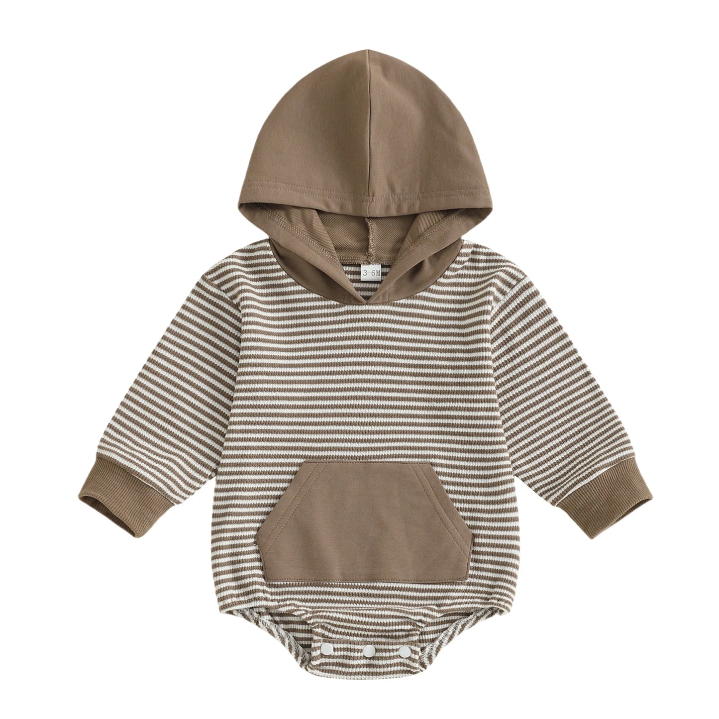 Newborn Baby Boys Fall Romper - Long Sleeve Hooded Stripe Bodysuit with Front Pocket (0-18M)